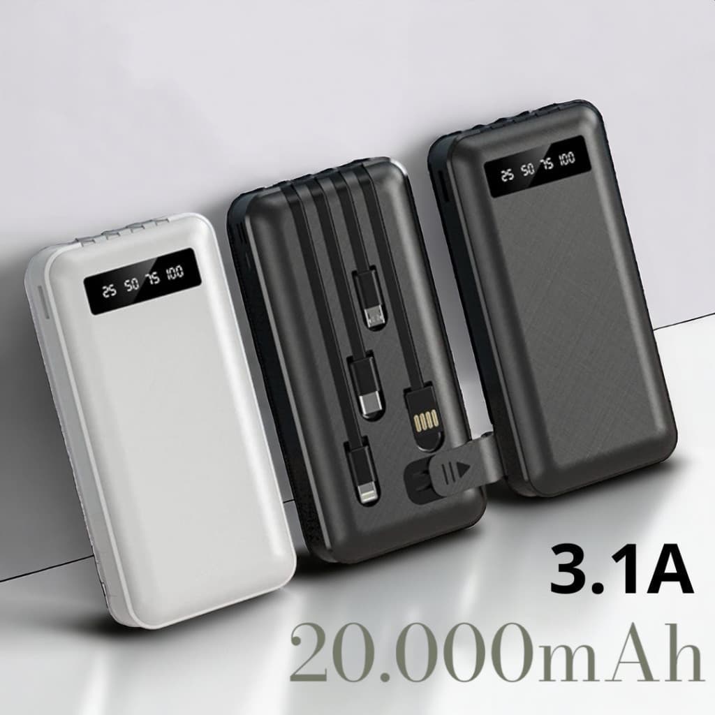 Power bank portátil com 4 cabos e lanterna